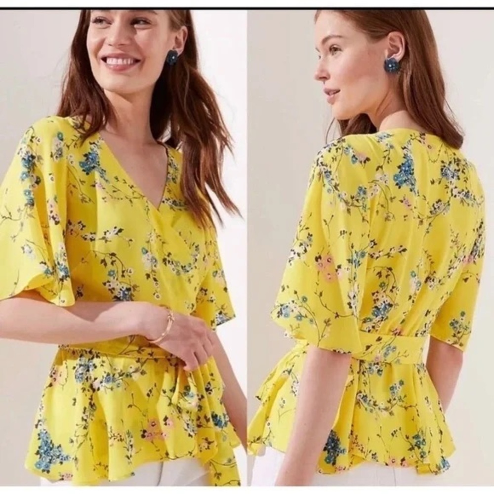 LOFT Yellow Floral Ruffled Wrap Blouse